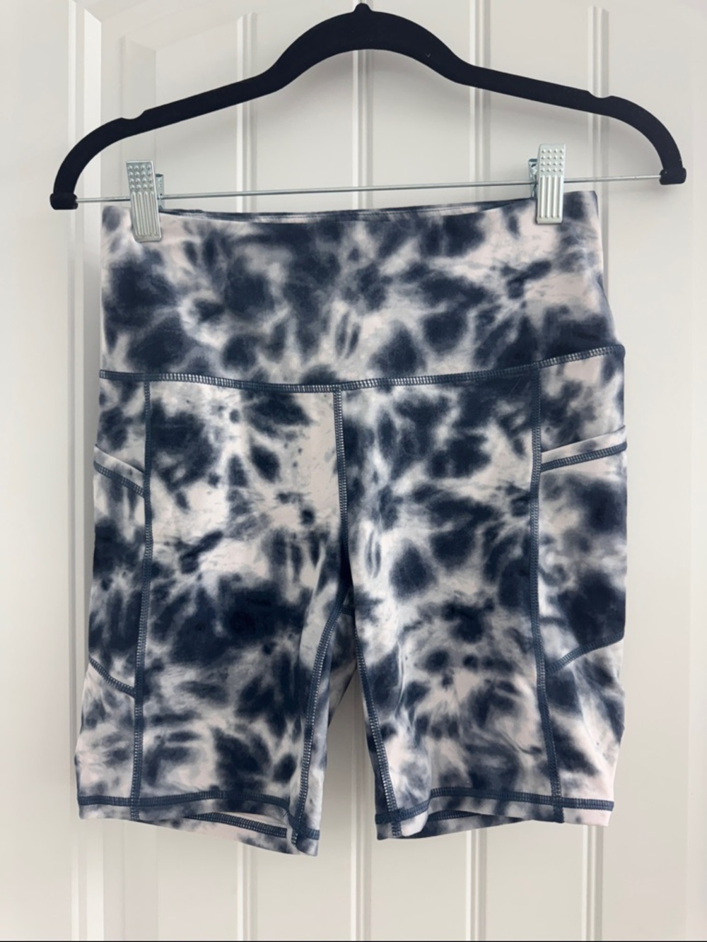 GAIAM Navy and White Tie-Dye High-Rise Bike Shorts with Pockets